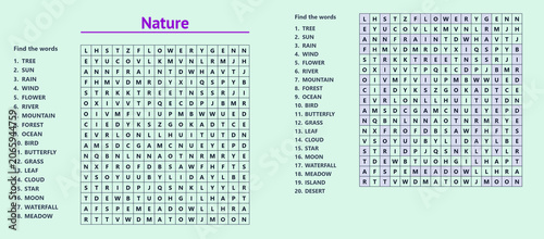Nature word search puzzle with diverse nature-related terms  