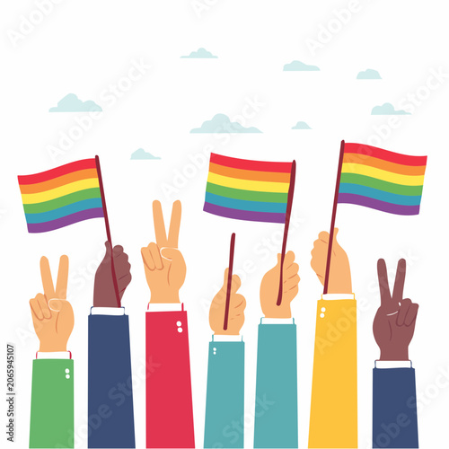 Diverse Hands Holding Rainbow Flags and Peace Signs