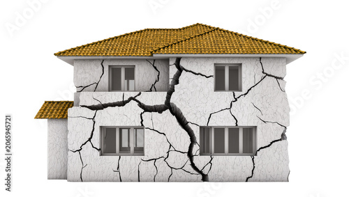 Fotografía Isolated residential house with severe structural cracks indicating earthquake d