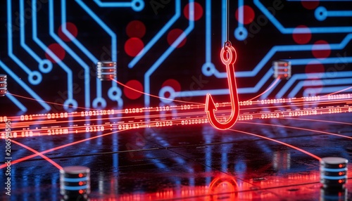 Cyber phishing threat illustration — red hook icon suspended in glowing data stream, dark circuit board background, bokeh lighting, red lines connecting floating server nodes, reflective metallic fore