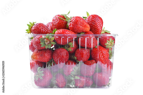 Quadro su tela Fresh ripe strawberries in transparent punnet or plastic box, container isolated on white background