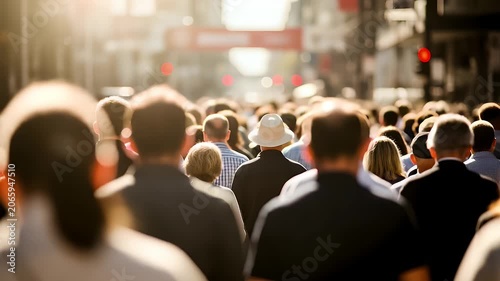 A diverse crowd of people walking down a busy city street captured from behind with warm golden sunlight glowing softly over the bustling morning urban commute