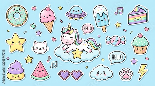 A delightful collection of cute pastel kawaii stickers featuring a smiling unicorn on a cloud, sweet treats, and whimsical icons set against a soft blue background.