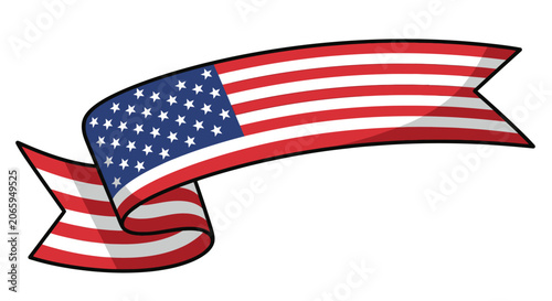 Waving US flag ribbon banner on white background.