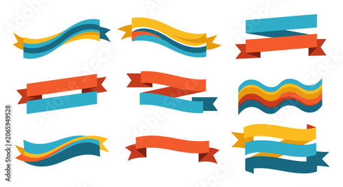 Colorful striped ribbon banners set for text placement.