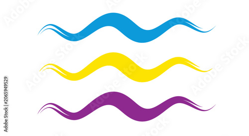 Three wavy brush strokes in blue yellow and purple