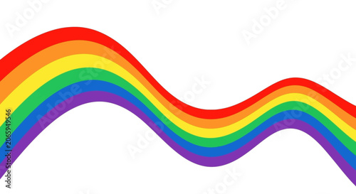 Bold rainbow stripe wave abstract on white background.