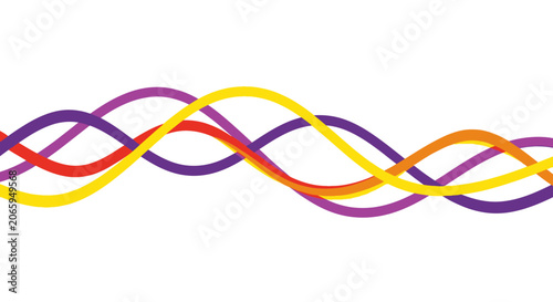 Intertwining purple and yellow abstract ribbon lines on white background.