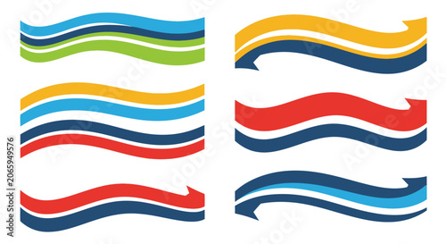 Wavy gradient ribbon banners with dark outlines.