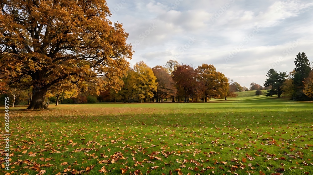 Obraz premium A serene autumn park landscape features vibrant orange and yellow trees surrounding a lush green lawn scattered with fallen leaves under a soft, cloudy sky.