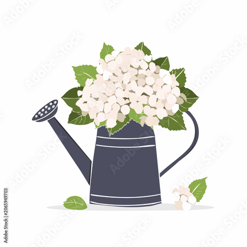 Watering Can with White Hydrangeas