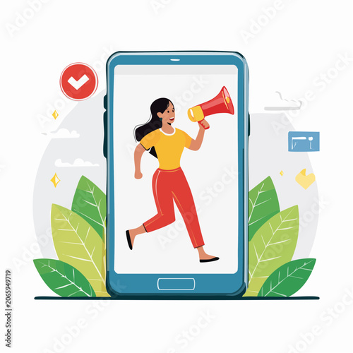 Woman with Megaphone on Smartphone Screen Announcing News