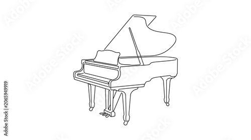 Elegant grand piano illustrated with a single continuous black line drawing on a clean white background for minimalist artistic decor