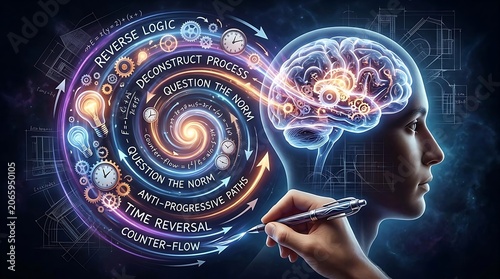 Concept illustration: A person using 'Reverse Logic' and 'Time Reversal' with a brain and spiral.