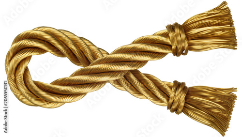 Canvas Print Isolated elegant shiny golden metal rope twisted into a beautiful figure-eight knot design