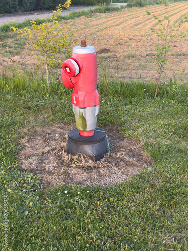 illustration d'une borne à incendie de couleur rouge et grise sur son socle noir au bord d'un champ