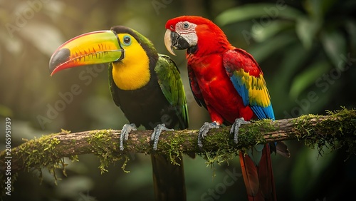 A vibrant toucan and a scarlet macaw perch on a moss-covered branch in a lush, sun-dappled rainforest, showcasing the exotic beauty of tropical birds.