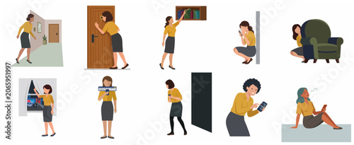 Fotografie Collection of illustrations featuring a woman experiencing fear, spying through