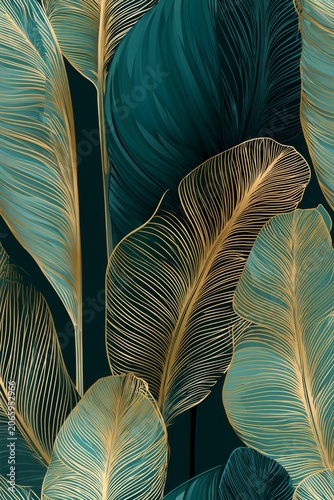 Leaf pattern design with green and gold details on a dark background for decoration or art purposes