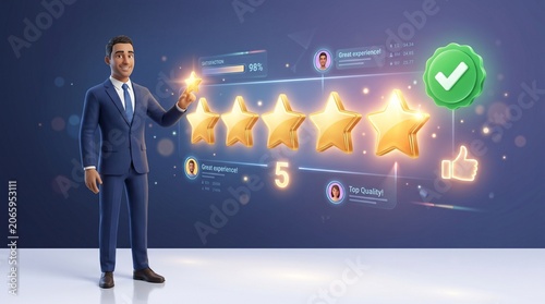 3D character businessman giving a five-star customer review and positive feedback. Professional rating system.
