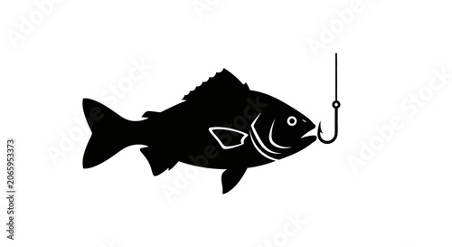 Quadro su tela Black silhouette of a fish caught on a fishing hook, isolated on white backgroun