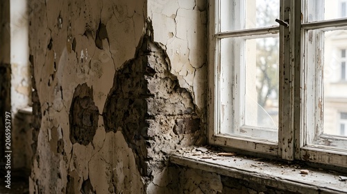 Wall fissure and concrete damage next to window structure corner indoors