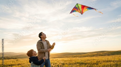 A father and son enjoying a kite flying activity in a golden wheat field during sunset. The kite is colorful and soaring high in the sky, with warm light illuminating the scene