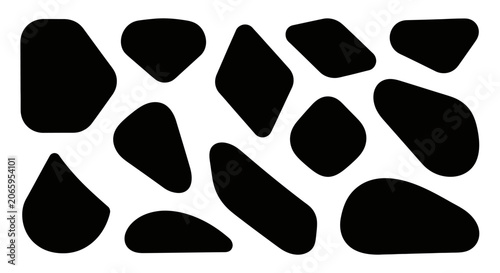 Set of Irregular Black Organic Pebble Shapes on Isolated White Background