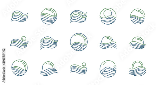 Collection of Water Wave and Sun Circle Icons in Green Blue Hues on Isolated White Background