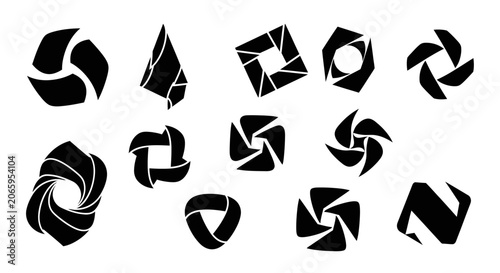Set of Abstract Geometric Shape Aperture Logos on Isolated White Background