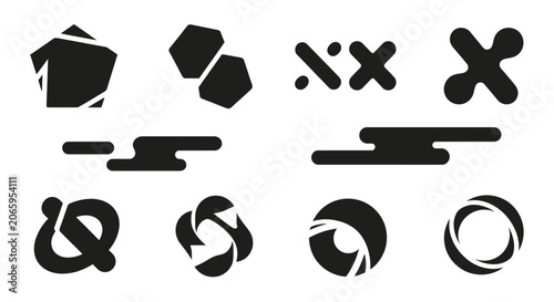 Abstract Black Organic and Intertwined Shapes Set with Crosses and Fluid Forms for Modern Design on Isolated White Background
