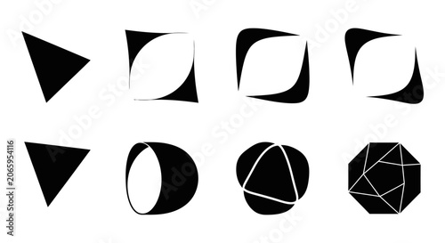 Abstract Black Geometric Shapes Set with Triangles and Curved Forms for Modern Design on Isolated White Background