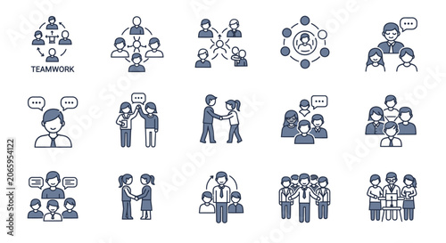 Blue Outlined Teamwork and Collaboration Icons Set for Business and Community Engagement on Isolated White Background