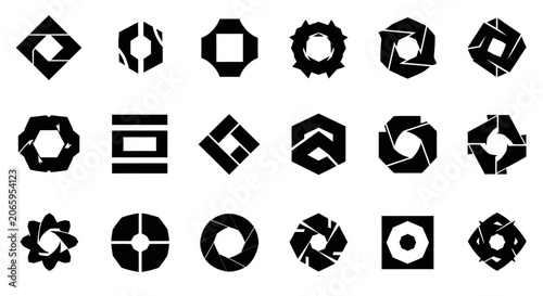 Abstract Black Geometric and Aperture Shapes Set for Modern Technology and Photography Design on Isolated White Background