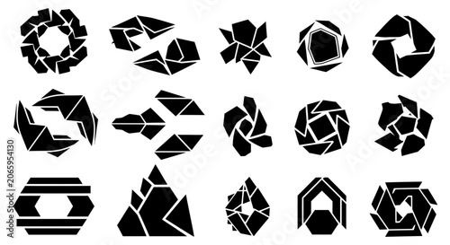 Abstract Black Complex Geometric Shapes Set for Intricate Graphic Design on Isolated White Background