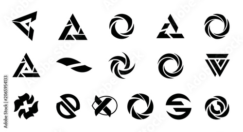 Abstract Black Geometric and Circular Logo Shapes Set for Modern Branding Design on Isolated White Background