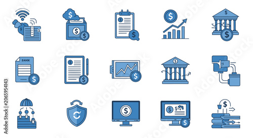 Blue Outlined Financial and Business Icons Set with Banking and Transaction Concepts on Isolated White Background