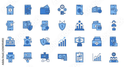 Blue Gradient Financial and Banking Icons Set for Digital Payments and Investment on Isolated White Background