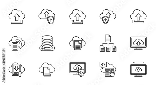 Cloud Computing and Data Storage Line Icons Set on Isolated White Background