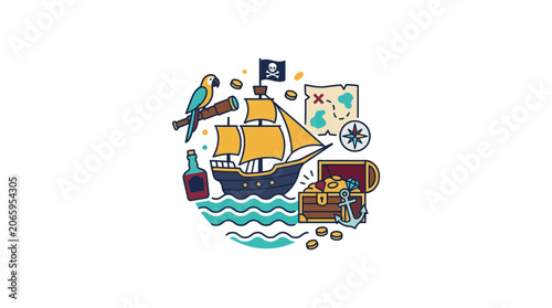 Pirate Adventure Icon Set with Ship Treasure Map and Parrot