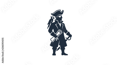 Pirate Captain with Parrot and Treasure Map Silhouette