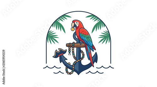 Pirate Parrot Sitting on Anchor with Tropical Elements