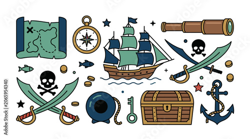 Pirate Themed Illustration Set with Ship Map and Treasure