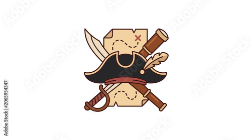 Pirate Themed Illustration with Hat, Treasure Map, and Sword