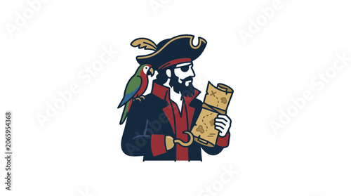 Pirate with Parrot and Treasure Map Vector Illustration