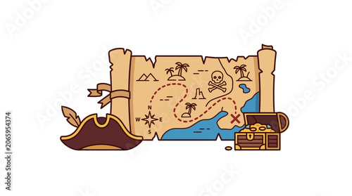 Pirate Treasure Map with Hat and Chest Illustration