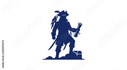 Silhouette of a Pirate Captain with Parrot and Treasure Map