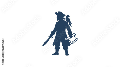 Silhouette of a Pirate Captain with Parrot and Map