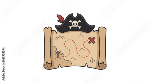 Pirate Treasure Map with Jolly Roger Hat Illustration