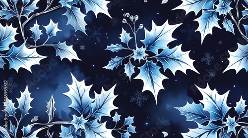 Winter Holly Leaves Seamless Pattern.